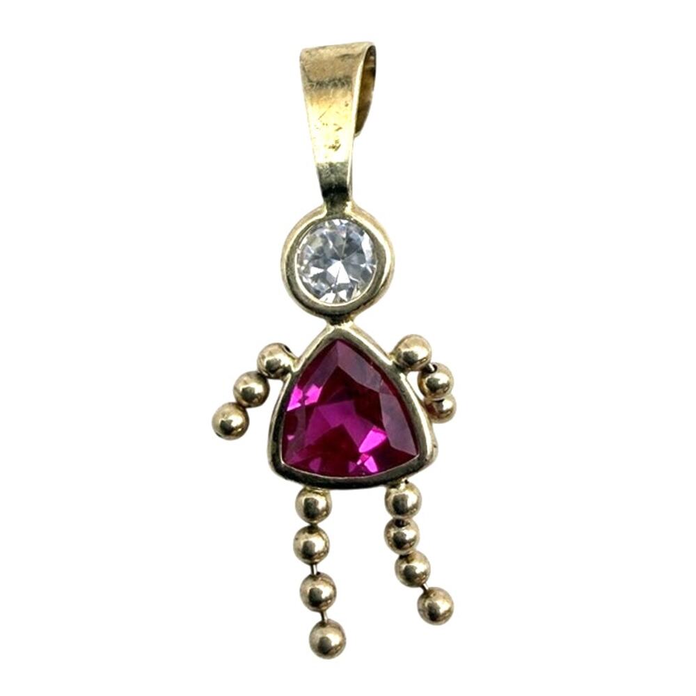 14K Gold Ruby Birthstone Girl Charm July Pink Red CZ Articulating Legs Arms